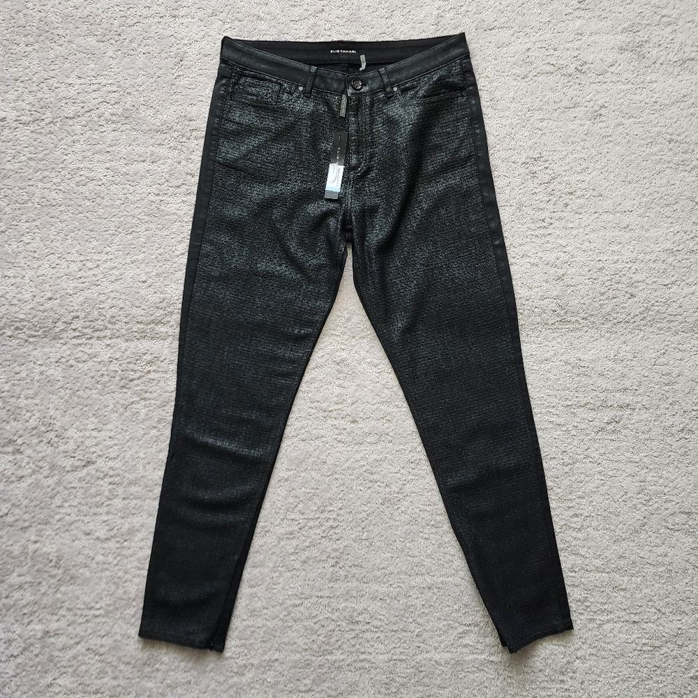Elie Tahari Azella Coated Tweed Skinny Jeans Black Size 30